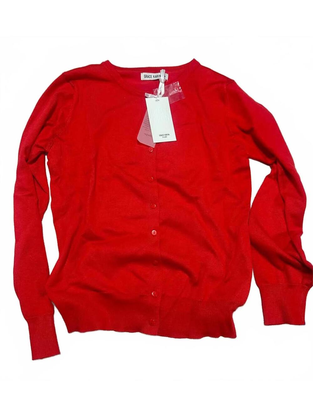 Grace Karin Red Button Up Cardigan Sweater Women’s Medium Lightweight Knit